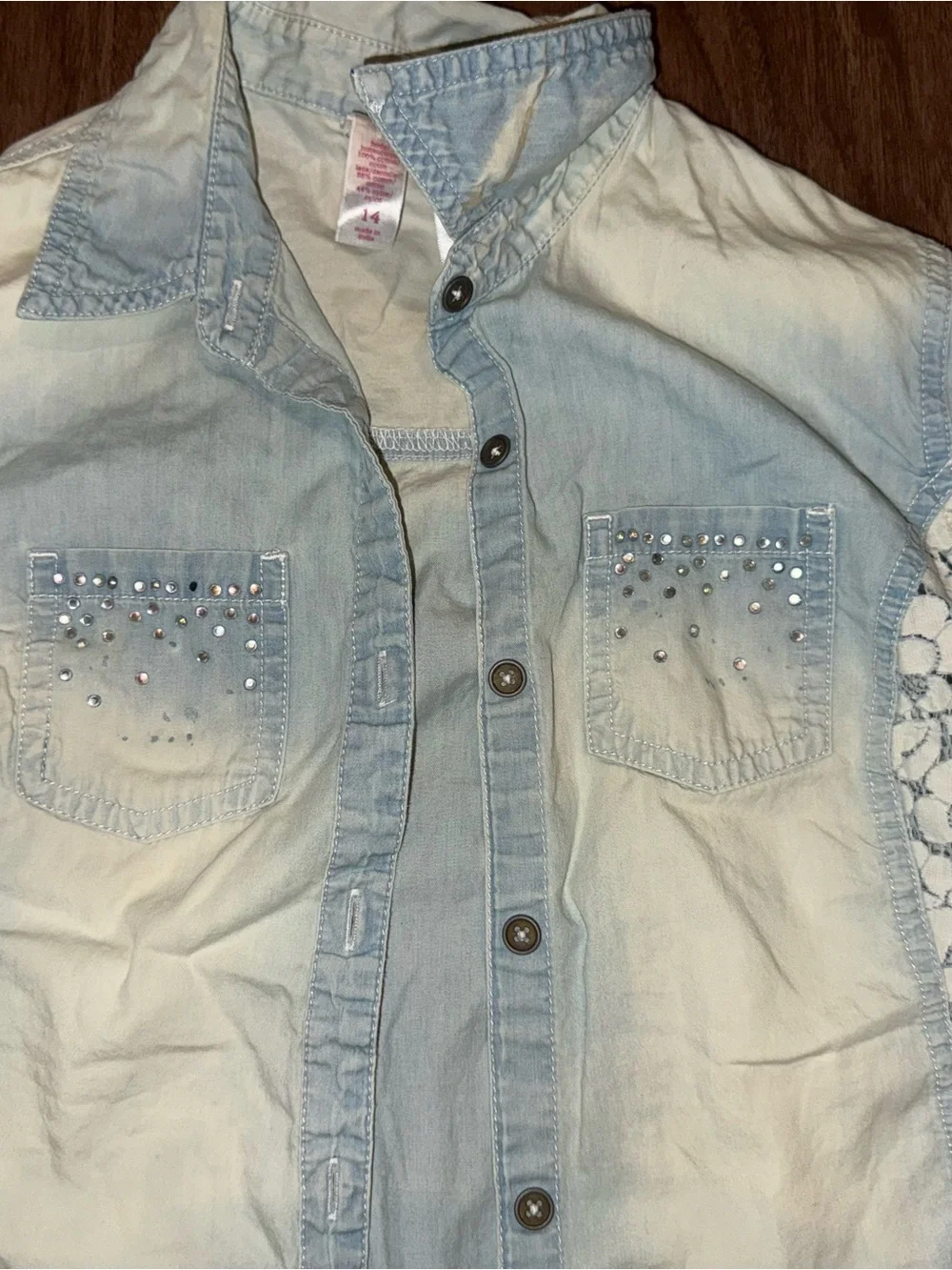 Justice Light Wash Denim Jacket with Lace and Gem Accents